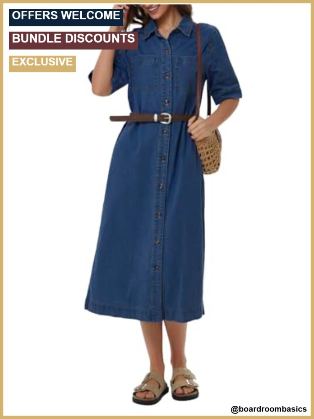 Denim Shirt Dress Button Down Short Sleeve Tunic Midi Loose Fit Pockets